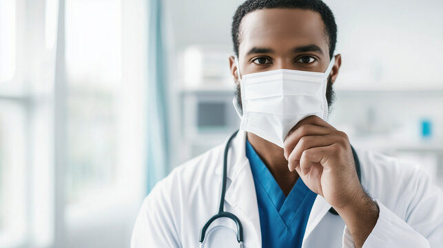 Male surgeon tying mask at operating room