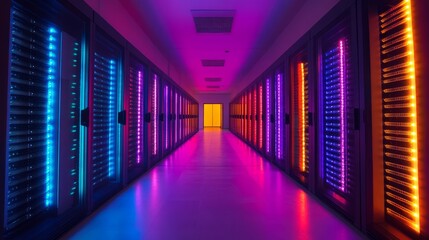 Fototapeta premium fiber optic system. Vibrant Data Center Server Room with Colorful LED Lights