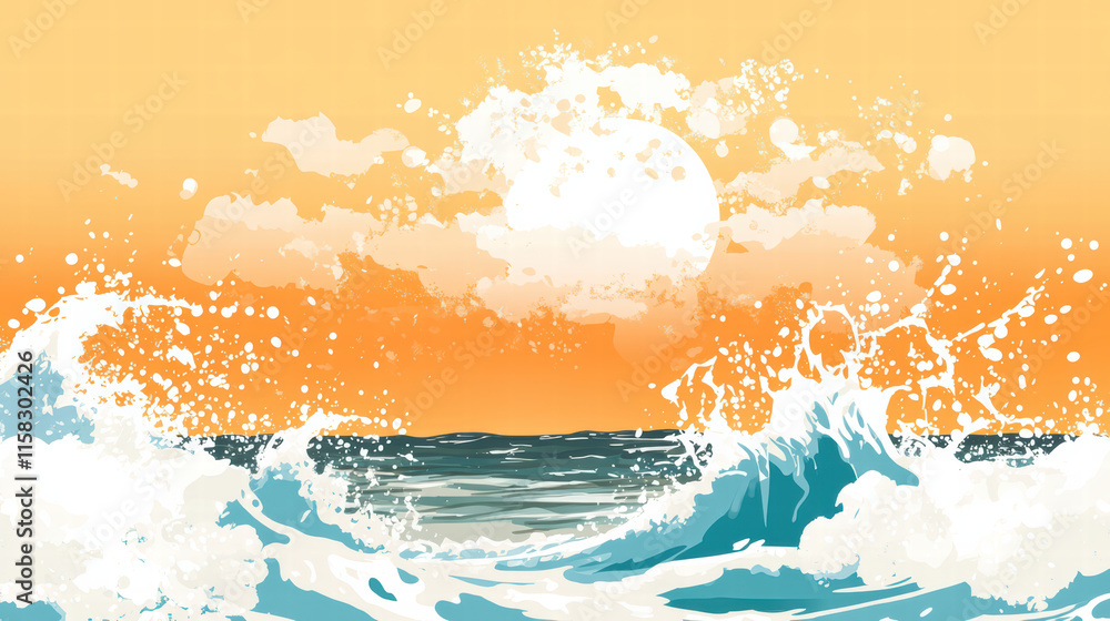 Poster waves splashing against shore with vibrant sunset backdrop, creating serene and dynamic coastal scen