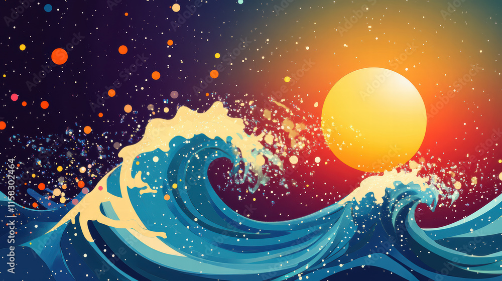 Poster vibrant waves splash playfully under brilliant sun, creating colorful and dynamic scene. interplay o