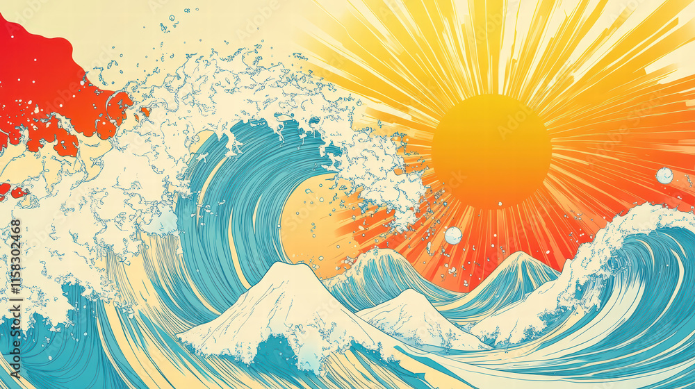 Poster waves splashing playfully with backdrop of brilliant sun and mountains, creating vibrant and dynamic