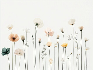 Minimalistic pastel bouquet with delicate flowers on a table, exuding elegance and serene beauty. banner web design poster wallpaper 