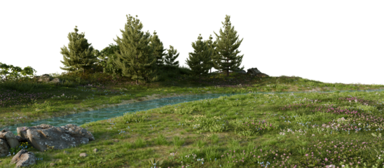 Tranquil Stream in Lush Meadow with Pine Trees. 3D rendering.