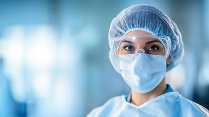 Portrait Of Female Surgeon Wearing Scrubs And Protective Glasses In Hospital Operating Theater