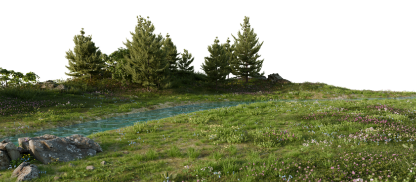 Tranquil Stream in Lush Meadow with Pine Trees. 3D rendering.