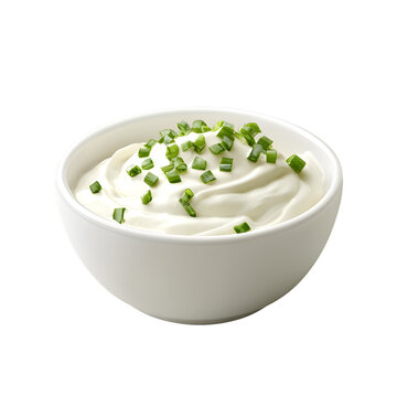 A bowl of sour cream with onion isolated on transparent background