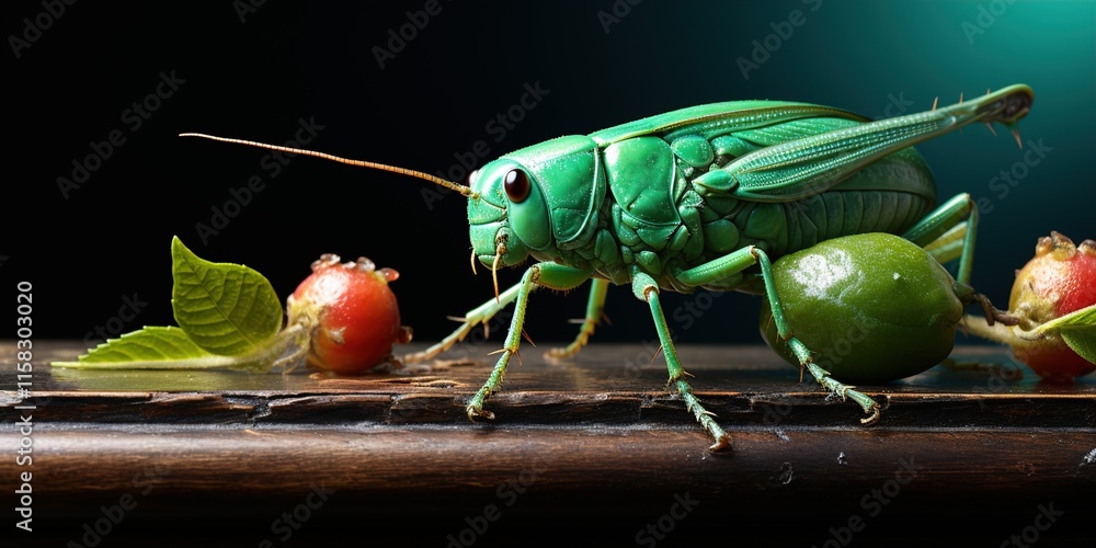 Poster grasshopper on a branch