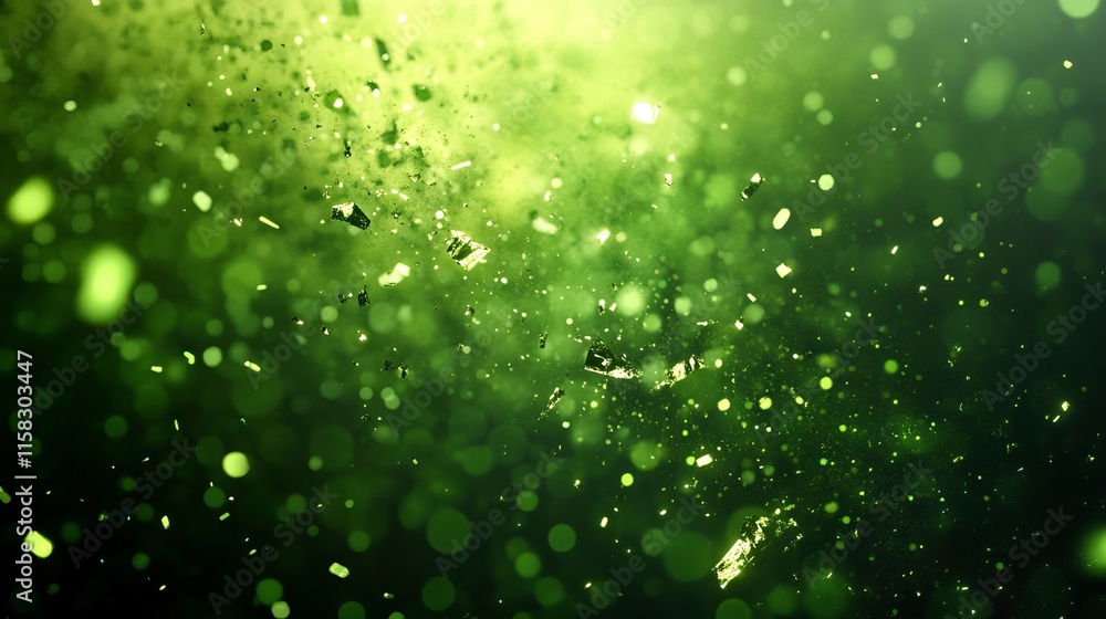 Poster toxic green abstract background with chaotic flying particles and dynamic energy patterns for sci-fi