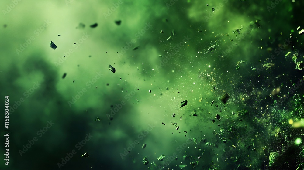 Poster toxic green abstract background with chaotic flying particles and dynamic energy patterns for sci-fi