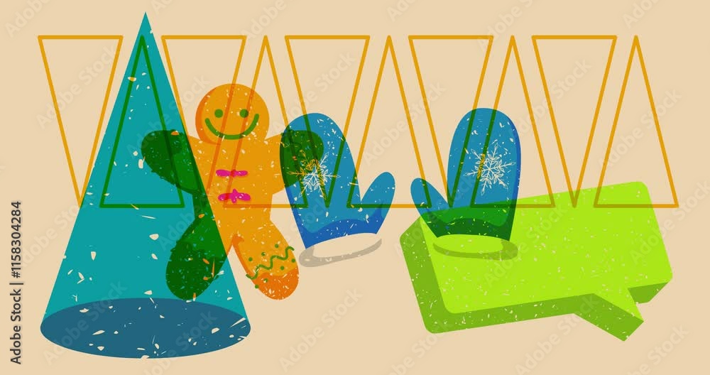 Poster risograph mitten glove and gingerbread man christmas cookie and speech bubble with geometric shapes 