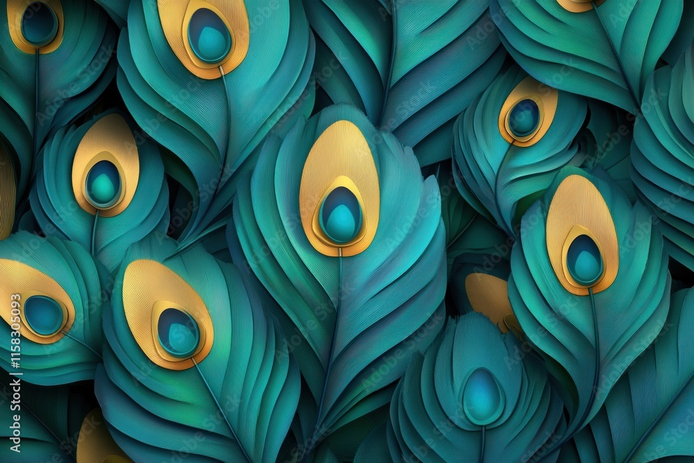 Aufkleber Overlapping peacock feathers create a vibrant pattern with open space for text. Generative AI