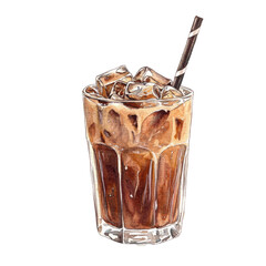 Pastel Illustration of Iced Coffee with Ice Cubes and Straw in a Clear Glass