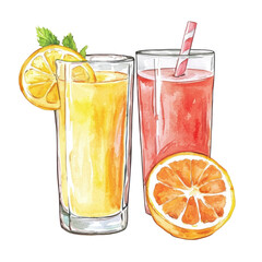 Colorful pastel retro illustration of refreshing juices in glasses with fruit garnishes, perfect for summer themes