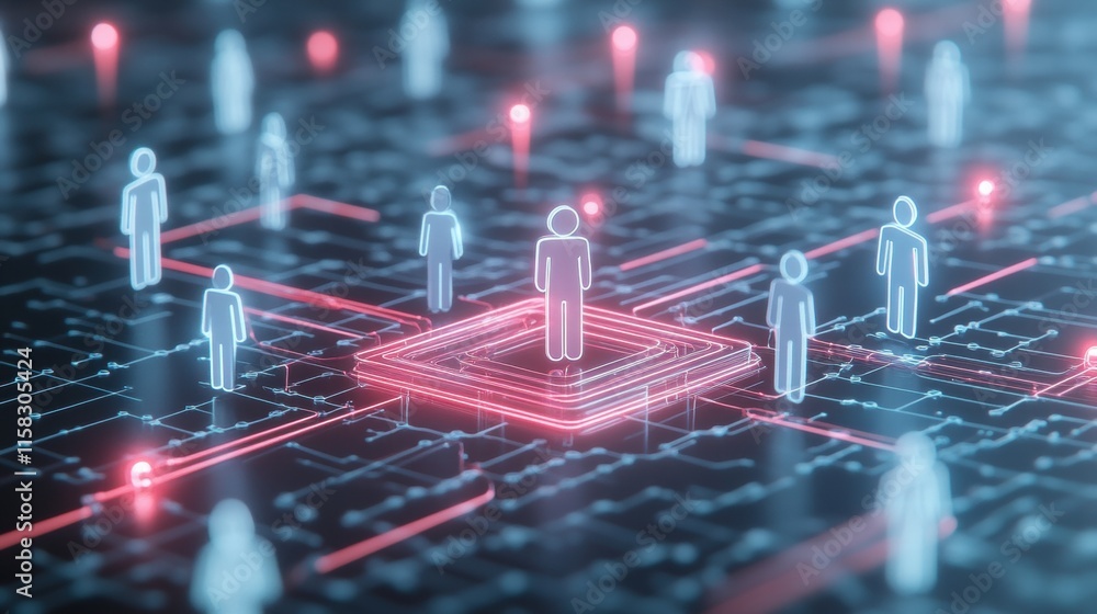 Poster global network connection: a central figure stands prominently on a glowing microchip, surrounded by