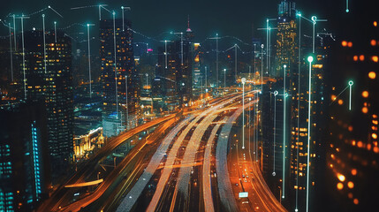 Fototapeta premium abstract professional business team people innovation connection of line from nail node to node on Smart Innovation city with connection cyber security network reciprocity , networking concept