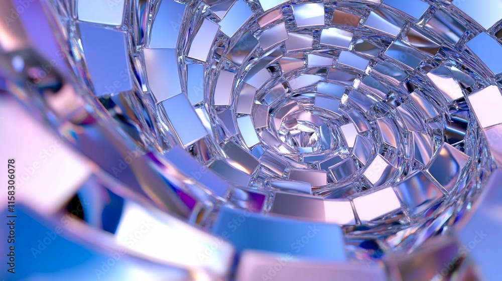 Poster abstract spiral made of reflective blocks in a colorful gradient.