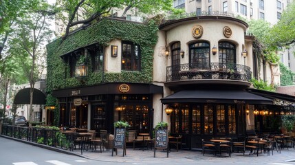 Ivy Covered Building Houses Elegant City Restaurant