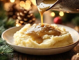 Brown gravy drips from a bowl filled with mashed potatoes against a backdrop of Christmas decorations and wreaths, warm lights and a cozy winter atmosphere.