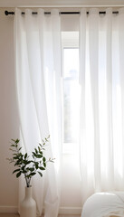 A window with sheer white curtains gently billowing in the spring breeze, maintain a soft and muted color scheme to convey a sense of tranquility and simplicity, Side lit