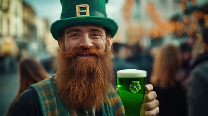 A smiling man with a long red beard wearing a green leprechaun hat holds a glass of green beer at a festive outdoor event, surrounded by blurred crowds and decorative lights in the background