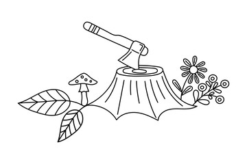 Axe stuck into stump. Forest landscape. Black and white line art. Hand drawn Doodle Illustration. For textiles, clothes, backgrounds, postcards. Travel, hiking and camping concept. Vector illustration