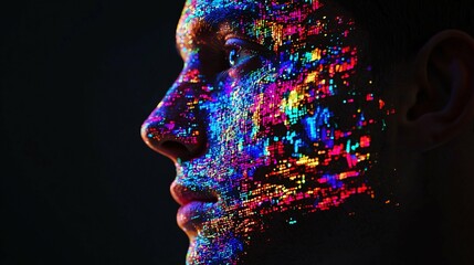 The holographic glitch effect offers a captivating visual experience with dynamic colors and distorted shapes, ideal for contemporary art, digital media, and creative design projects.