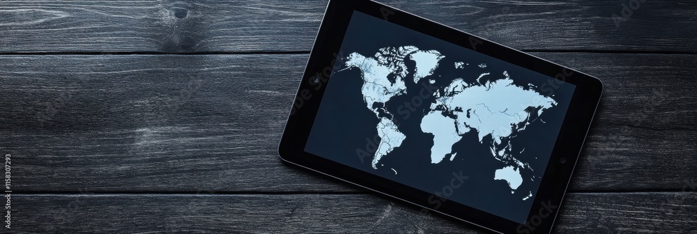 Leinwandbilder modern flat lay of a tablet featuring a detailed world map on a rustic wooden surface with mock up s