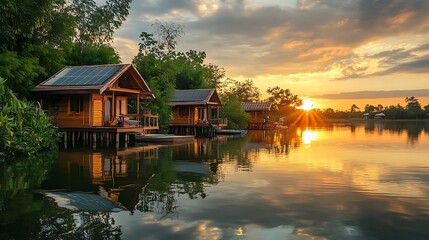 Obraz premium Cabins on stilts at sunset over a calm lake reflect the golden light.