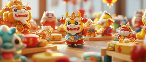 Obraz premium Chinese New Year Theme, A table full of small figurines of animals and people, including a dragon