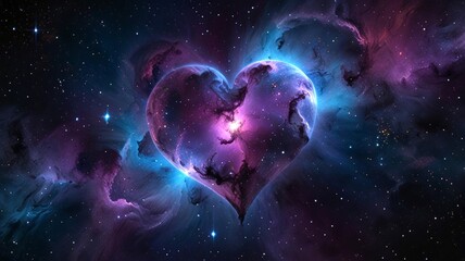 An ethereal cosmic heart glows amid a vibrant nebula, filled with swirling colors of purple and blue, symbolizing love and the vastness of the universe in perfect harmony.