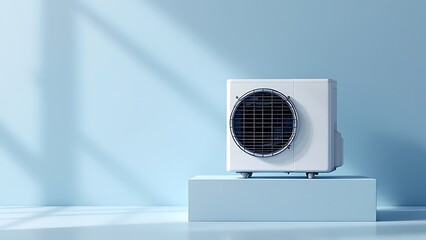 Air heat pump on blue background. Modern, environmentally friendly heating. Air source heat pumps are efficient and renewable source of energy. Banner with copy space for text, advertising.