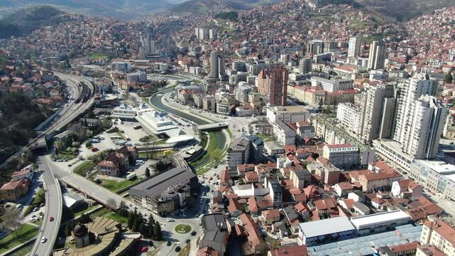 Summer Traffic and Landscape in Western Serbia, Uzice. Drone Shot