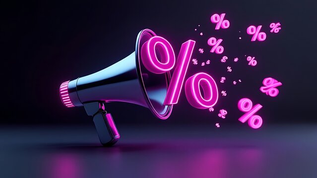 Creative 3D render of black megaphone with glowing pink edges, emitting percentage symbols on sleek dark background. Ideal for promotions, discounts, marketing materials with modern futuristic design.