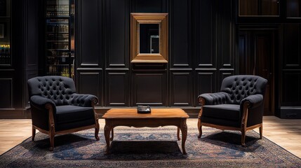 Coffee table and armchairs in a traditional black setting.
