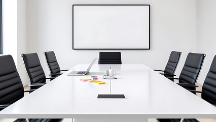 Conference room with blank, empty TV screen. Monitor mock up. Business meeting room with LCD screen for presentation, advertising. Modern, contemporary office. Free, copy space, template.
