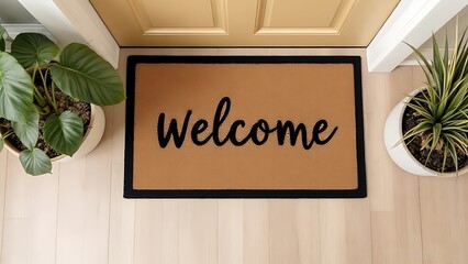 Blank brown door mat on the floor at home. Welcome mat with copy space for your text. Doormat mock up. Carpet at entrance for wiping dirty shoes. Mockup.
