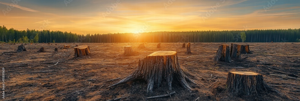 Poster deforested area with tree stumps at sunset revealing the impact of logging on the environment. gener