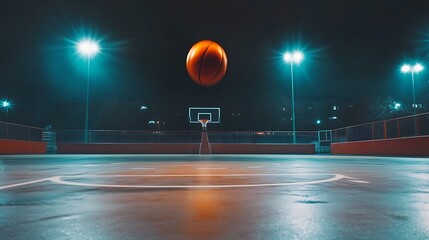 A basketball court under bright lights with a ball spinning in motion