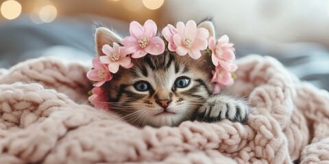 Cute kitten wearing a pink flower crown and a soft blanket.