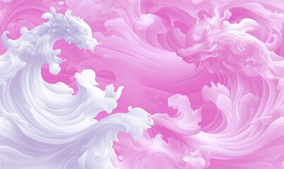 Fototapeta premium Abstract swirling shapes in pink and white, resembling waves and dragons.