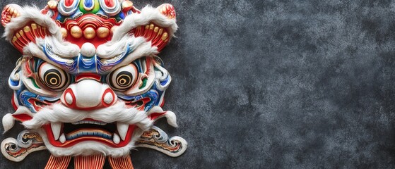 Fototapeta premium Chinese New Year Theme, A dragon mask with red and blue features is on a dark background