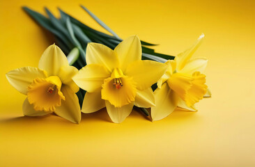 Obraz premium Bouquet of yellow daffodils on a yellow background