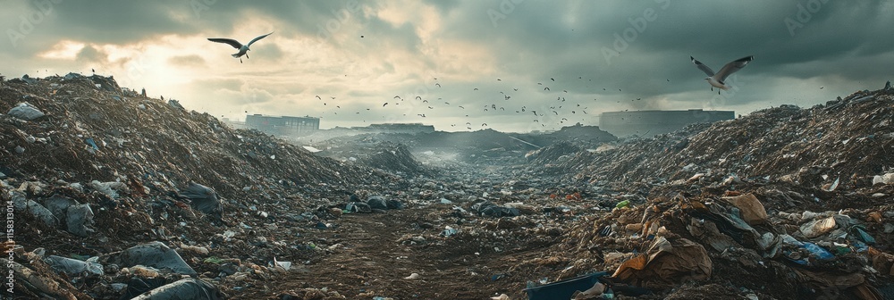 Poster Seagulls soar over vast landfill in early morning light with ample space for text and mockup design. Generative AI