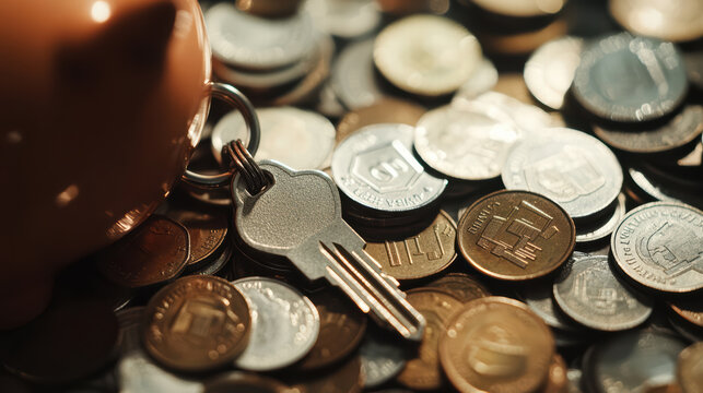 Close up of coins scattered around piggy bank with house key, symbolizing savings and financial security. image evokes sense of planning for future