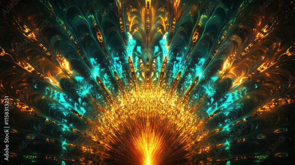 Aufkleber Vibrant display of peacock tail feathers showcasing radiant colors and intricate patterns with ample space for design elements. Generative AI