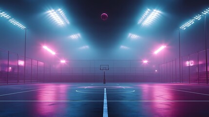 A basketball court with glowing stadium lights and a ball hovering mid-action