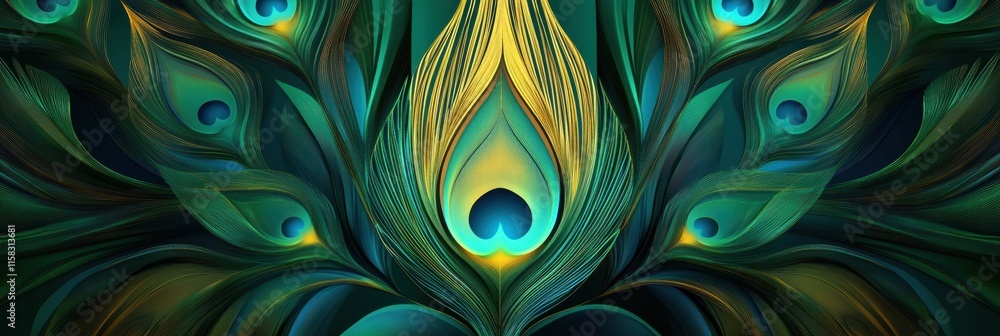 Poster Pattern of overlapping peacock feathers featuring vibrant colors with space for additional text. Generative AI