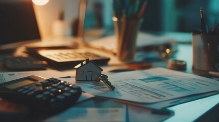 Fototapeta premium key and house shaped keychain rest on table surrounded by financial documents, calculator, and stationery, creating sense of planning and organization