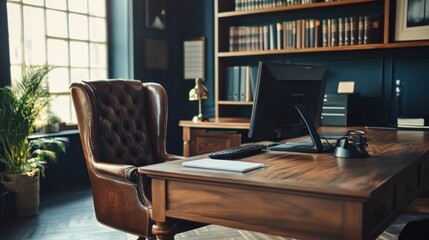 The director's office features a PC, a leather couch, and a wide oak table. Interior design
