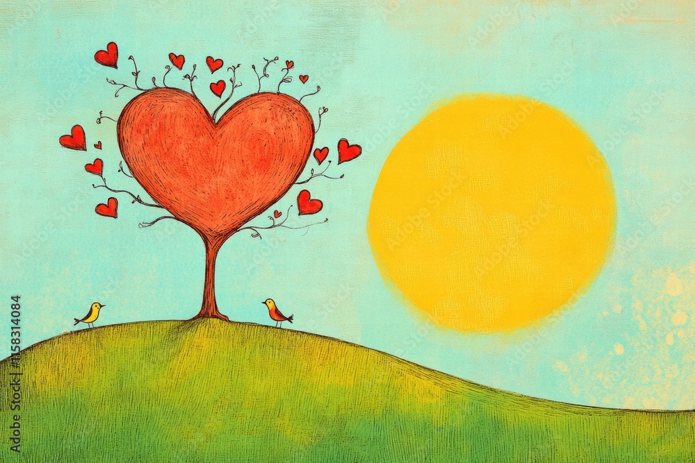 Poster whimsical hand drawn heart tree design with blank space for valentines day text and a cheerful sun. 